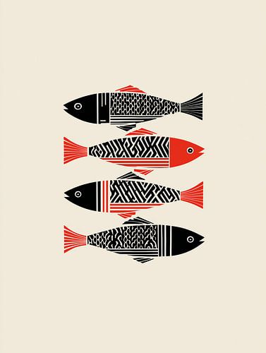 Vier vissen in zwart en rood | Grafische kunst van in de keuken