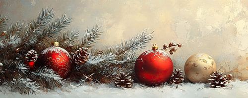 Neige, boules et branches de pin