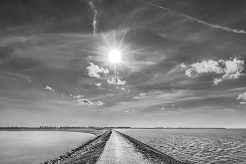 Jetée de Paesens Moddergat sur la côte frisonne des Wadden en noir et blanc sur Harrie Muis