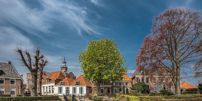 Stadsgezicht in Blokzijl, Overijssel, met kerktoren en bomen, van Harrie Muis