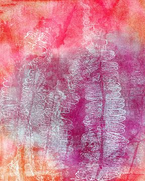 Modern abstract botanical. White ferns on neon pink and orange by Dina Dankers