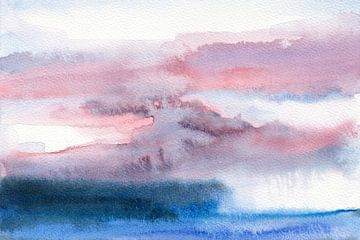 Minimalistisch aquarel zeegezicht met roze en paarse lucht van Dina Dankers
