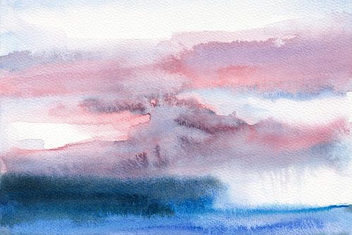 Minimalist watercolor seascape with pink and purple sky by Dina Dankers