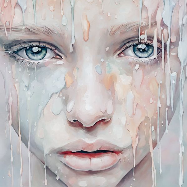 Tranen van kleur - 'Tears of grey colours'. Een gezicht met een ingetogen melancholische uitstraling. van Manûah Pictures | Manuela van de Pol
