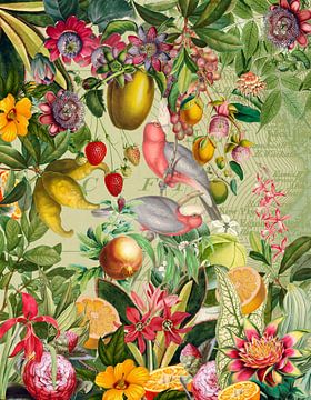 Vintage Roze Papegaaien in Tropische Bloemen en Fruit Jungle van Floral Abstractions