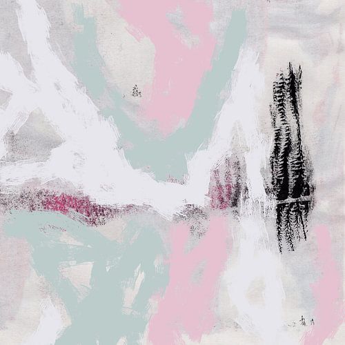 Minimalistische, abstracte pastelkleurige penseelstreken in roze, mintgroen en wit.