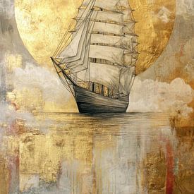 Sailing ship under Golden Moon - Poetic Painting by Peter Pen Drawings and Paintings