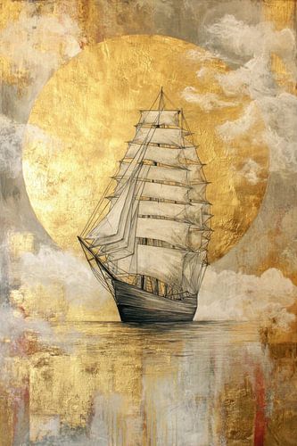 Voilier sous la lune d'or - Peinture poétique sur Dessins et peintures de Peter Pen