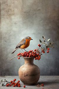 Nature morte à l'oiseau sur des baies et des brindilles dans un vase sur KB Design & Photography (Karen Brouwer)