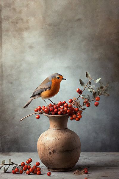 Stillleben Vogel auf Beeren und Zweigen in einer Vase von KB Design & Photography (Karen Brouwer)