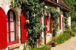 Fassade Steinhaus mit roten Fensterläden und Grün in Fougères sur Bièvre Loire Frankreich