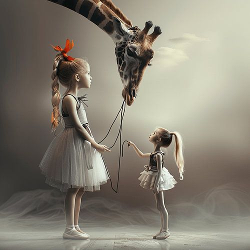 Adorable Illustration of a Giraffe and Two Girls