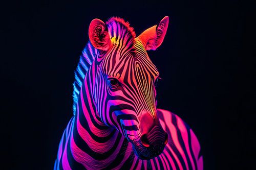 Zebra met neonkleuren op zwart