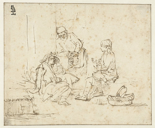 Jozef in de gevangenis verklaart de dromen van de schenker en de bakker, Rembrandt van Rijn