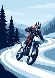 Motocross rider racing through snowy winter forest at dusk with pine trees