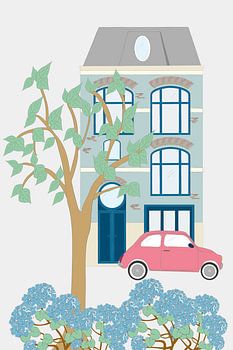 Charaktervolle, fröhliche Illustration eines Herrenhauses.