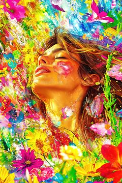 Model with closed eyes and colourful splashes of paint by Frank Heinz