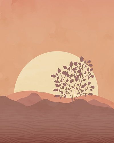 Boom bij zonsondergang minimalistisch landschap 3