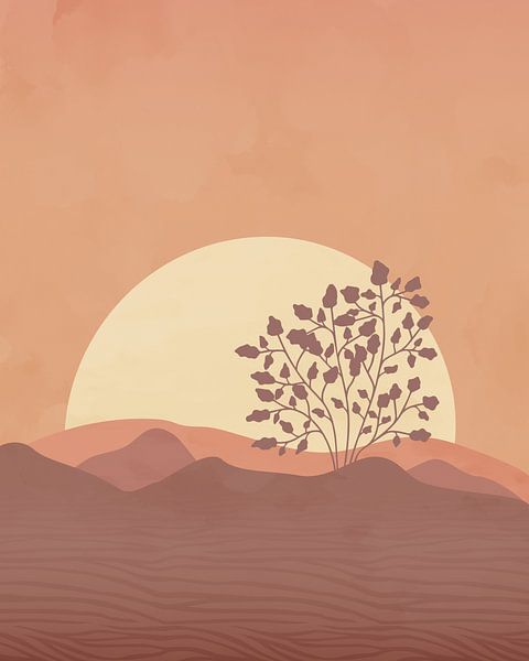 Boom bij zonsondergang minimalistisch landschap 3