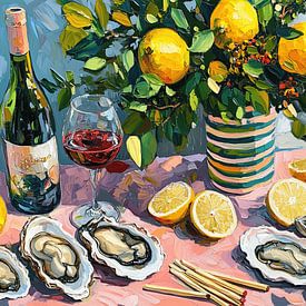 Agrumes et mer sur une table rose sur BS