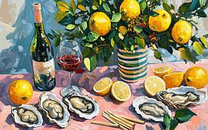 Agrumes et mer sur une table rose