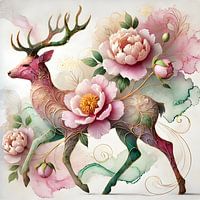 Majestueuze Sereniteit – Hert en Pioenen Kunst