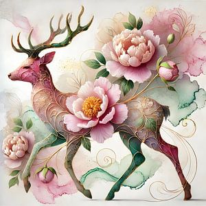 Majestätische Gelassenheit - Hirsch und Pfingstrose Kunst