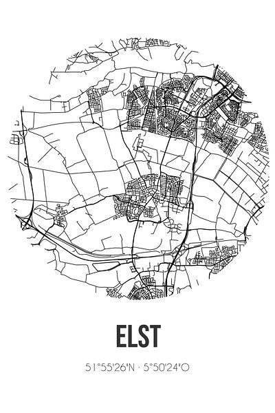 Elst (Gelderland) | Landkaart | Zwart-wit van Stad & Wand