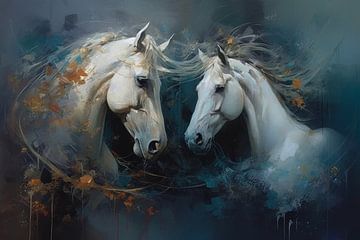 Paardenliefde: twee witte paarden samen in de wind van Studio Allee