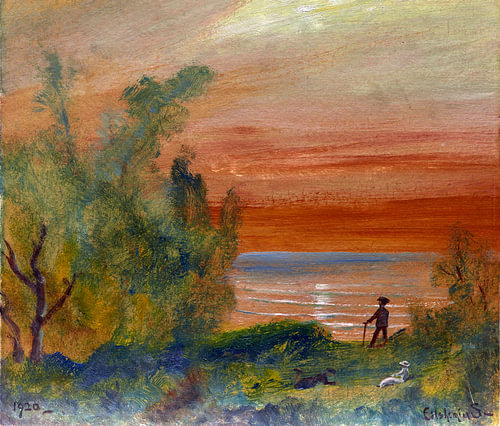 Louis Eilshemius, coucher de soleil avec un homme à terre - 1920