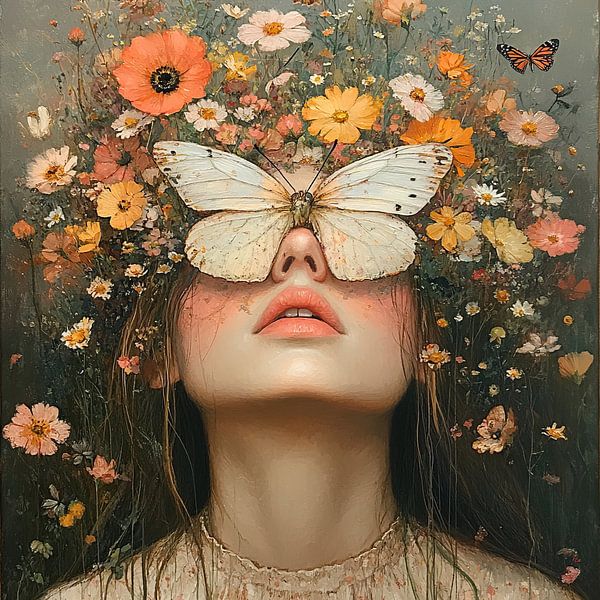 Woman Flowers Butterflies by Eye catching paintings