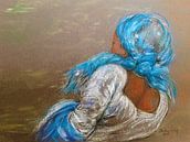 Portret van een Afrikaans meisje met blauwe hoofddoek. Pastelkrijt. van Ineke de Rijk thumbnail