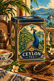 Boîte à thé vintage de Ceylan ornée d'un motif de paon dans un décor tropical sur Dodik Hariyono