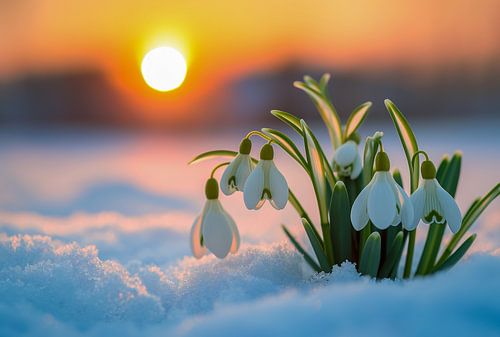 Prachtige witte sneeuwklokjesbloemen bloeien buiten in de sneeuw bij zonsondergang