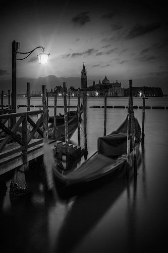 VENICE Gondolas during Blue Hour in black and white