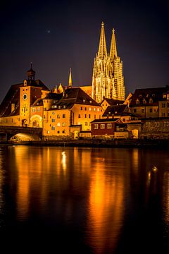 Regensburg 's avonds Stenen brug, kathedraal en Donau bij nacht van Thilo Wagner