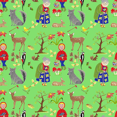 Fröhliches Muster mit allem aus dem Märchen Rotkäppchen