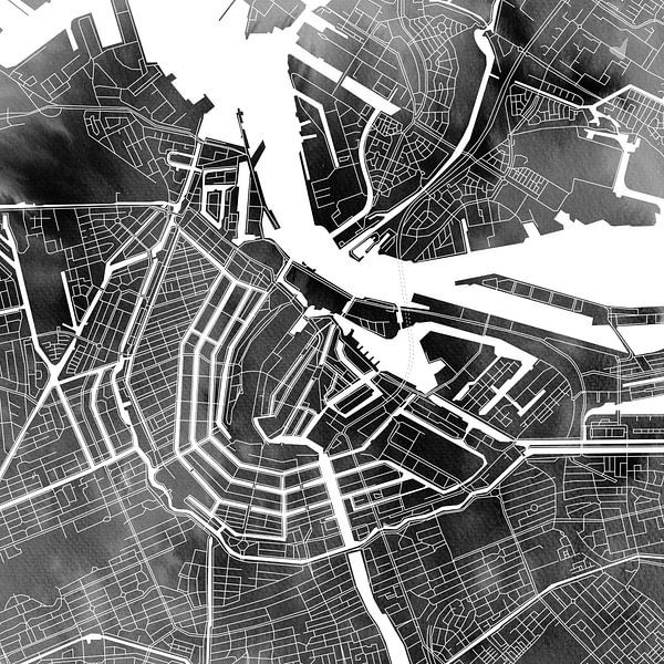Amsterdam Nord und Süd | Stadtplan auf monochromem Aquarell von WereldkaartenShop