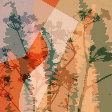 Wilde bloemen en varenbladeren in warme kleuren. van Dina Dankers