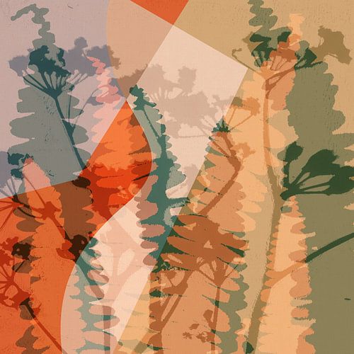 Wilde bloemen en varenbladeren in warme kleuren.