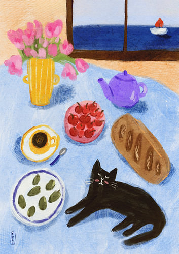 Entspanntes Katzenfrühstück am Meer
