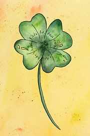 Klavertje vier op een gele achtergrond (aquarel schilderij bloemen planten klaverblad geluk liefde 4 van Natalie Bruns