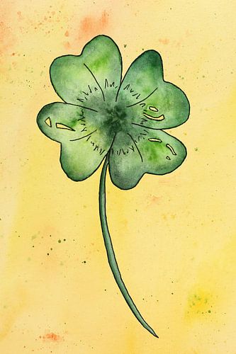 Klavertje vier op een gele achtergrond (aquarel schilderij bloemen planten klaverblad geluk liefde 4