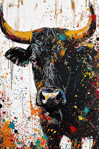 Zwarte stier met kleurrijke verfspatten