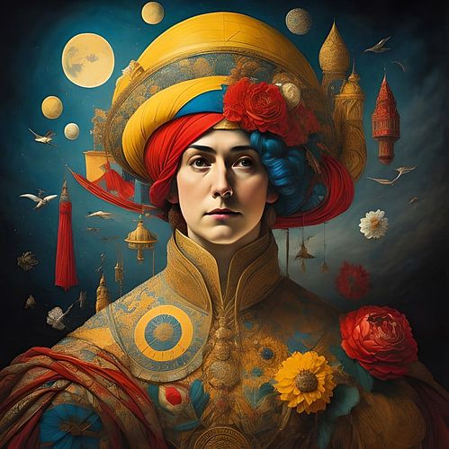 Portrait with moon and flowers