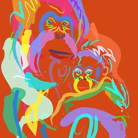 Orangutan mother and baby by Go van Kampen