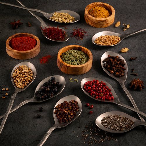 Nature morte, Balance of Spices. Épices et herbes aromatiques sur fond sombre sur Oda Slofstra