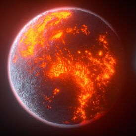 a lava planet is orbited by its moon (3d rendering) von Rainer Zapka