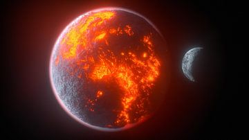 een lavaplaneet wordt door zijn maan in een baan om de aarde gebracht (3d rendering) van Rainer Zapka