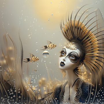 Sunflower Queen and the Goldfish - 1 | Abstract van Karina Brouwer